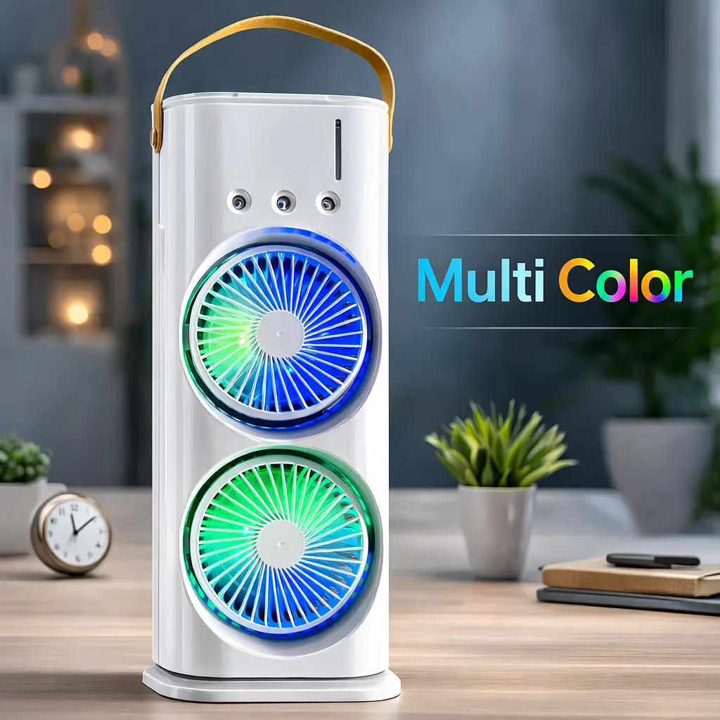 Original Personal Fountain Air Cooler Fan, Three-Hole Spray Charging, 7-Color LED Lights for Summer Heat Relief